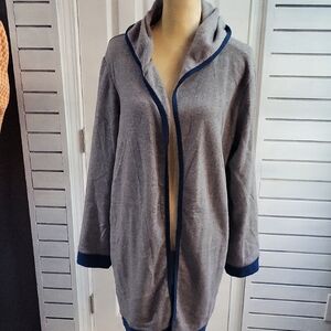 Gray WARM FLEECE Hooded Cardigan with Navy Trim, SIZE L